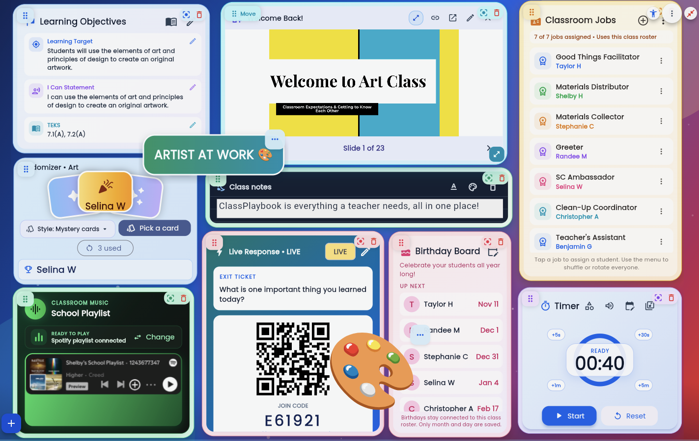 A real ClassPlaybook classroom showing learning objectives, Canva, classroom jobs, Live Response, music, birthdays, and a timer
