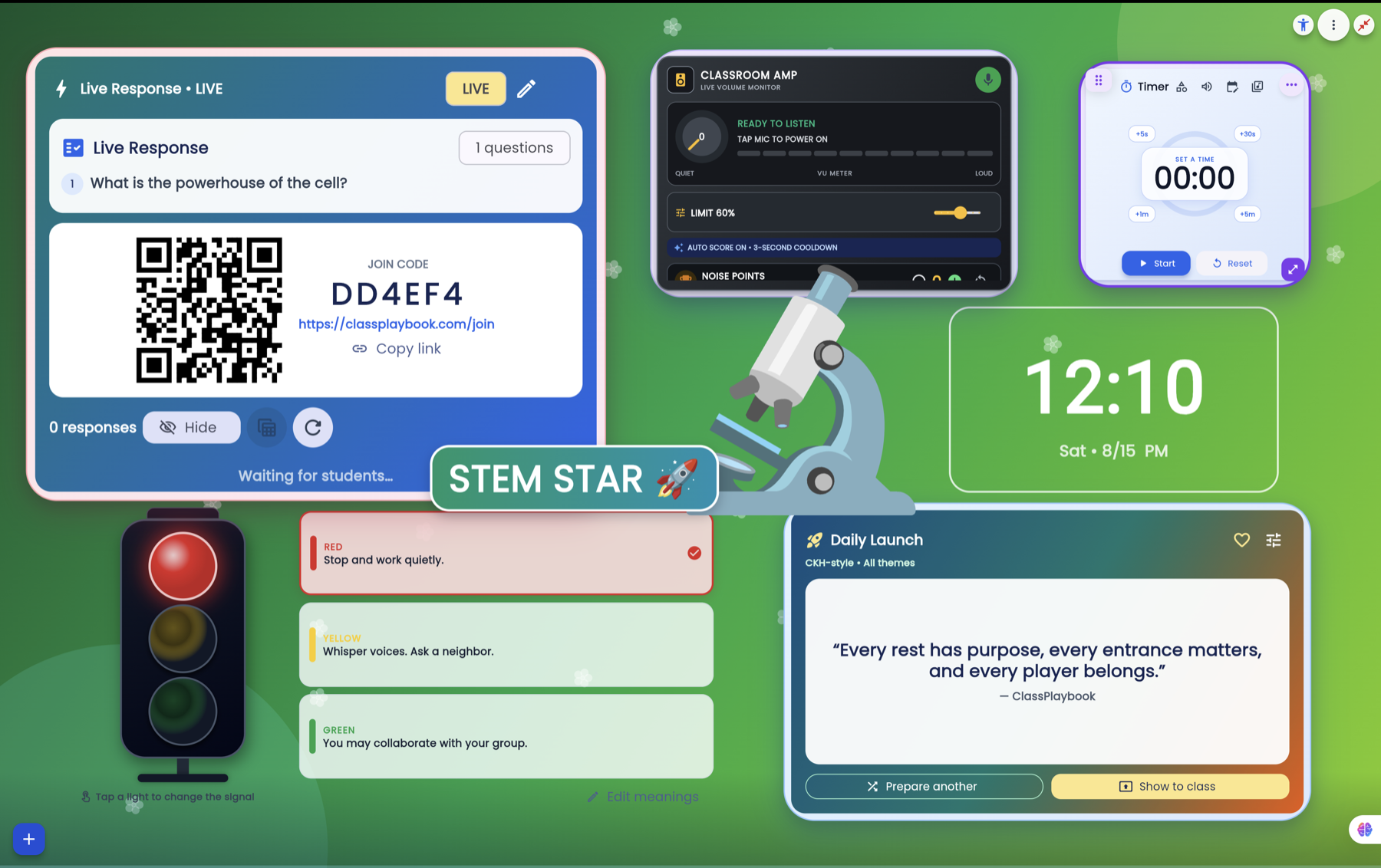 A real ClassPlaybook science classroom with Live Response, timer, clock, classroom controls, and Daily Launch